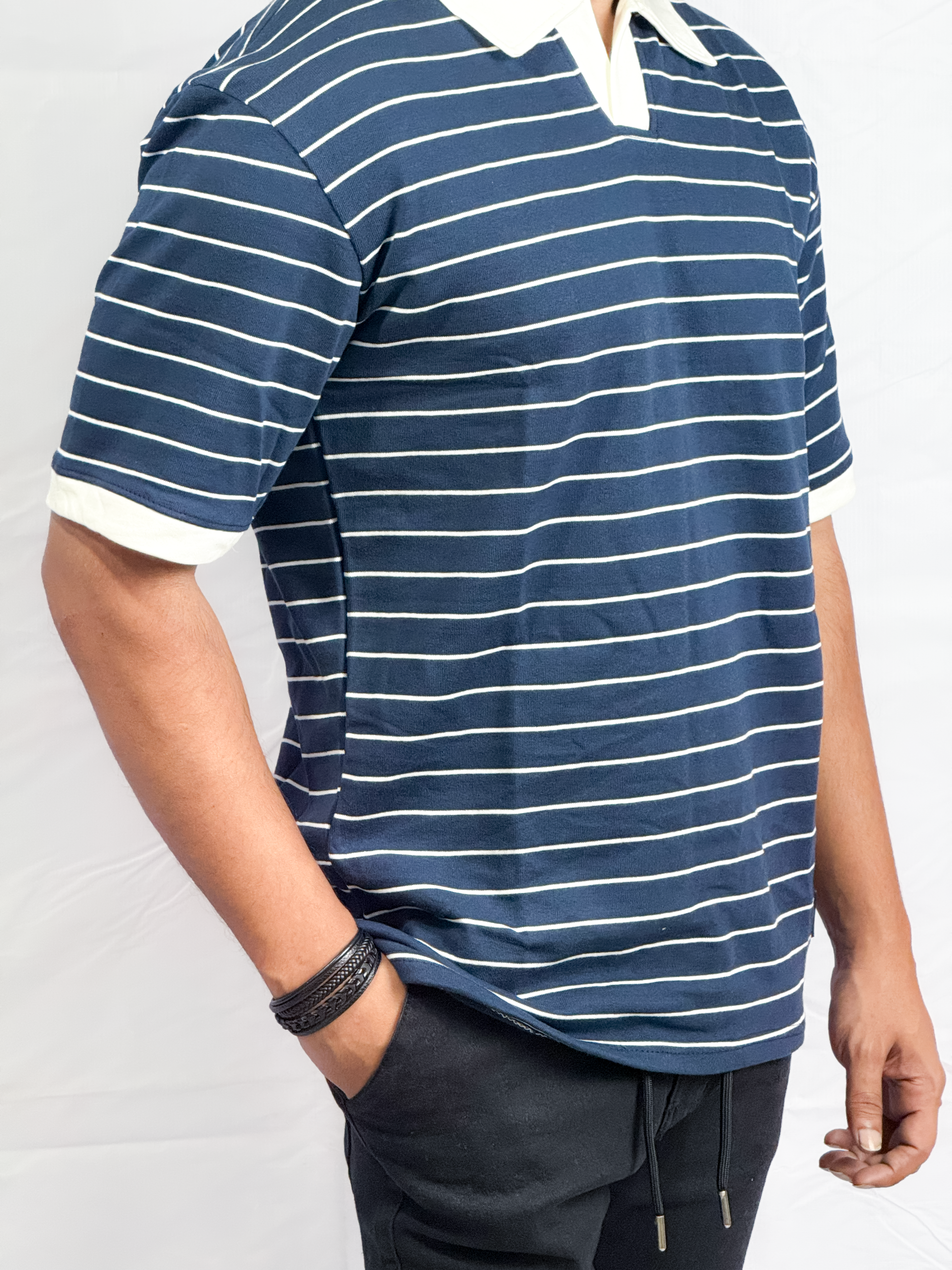 Navy Blue Striped Drop Shoulder Polo T-shirt