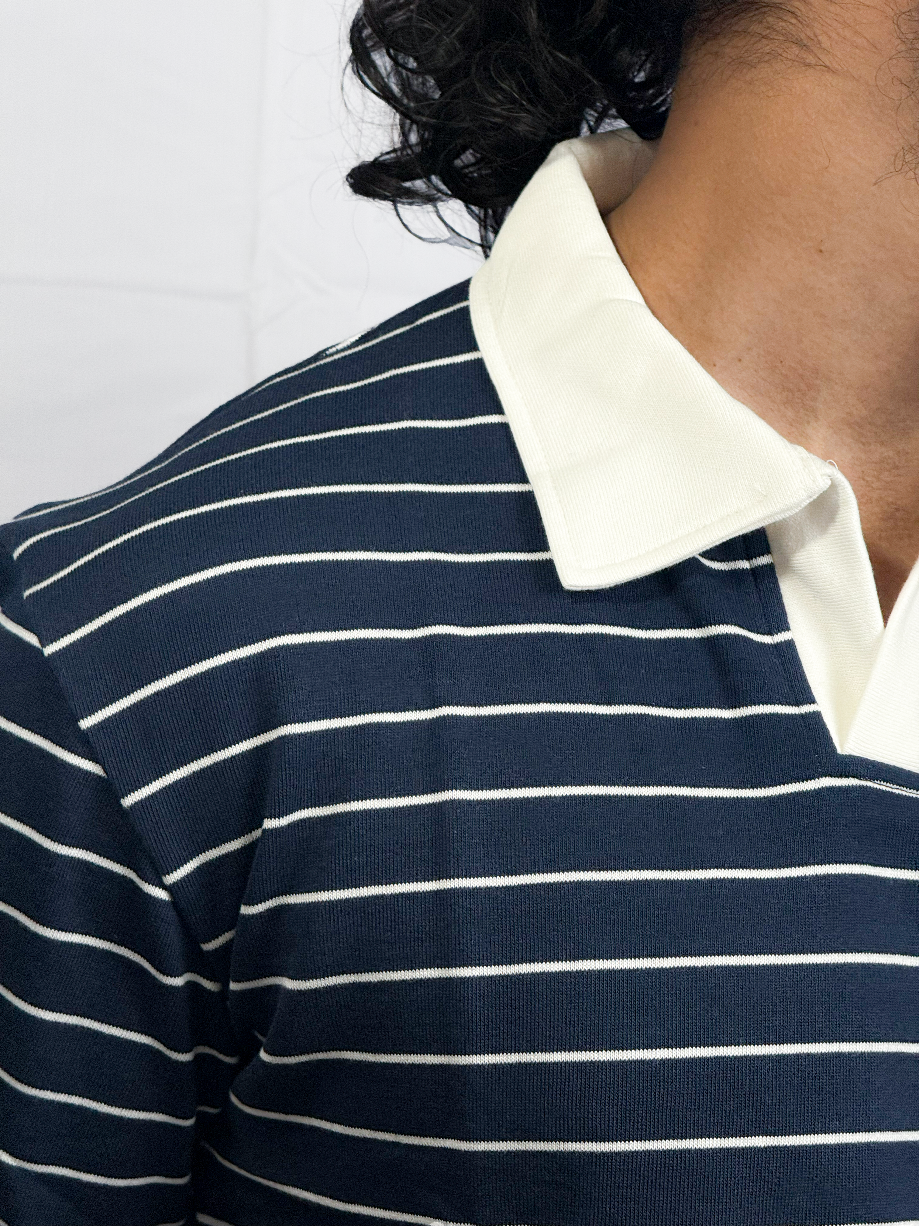 Navy Blue Striped Drop Shoulder Polo T-shirt